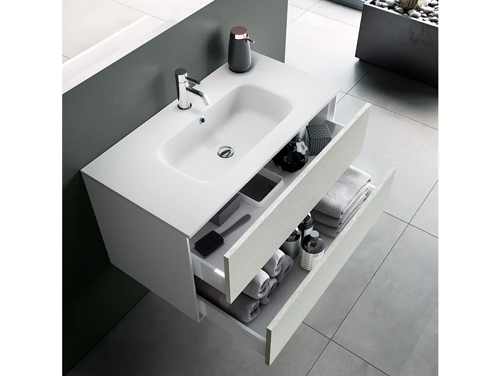 Ensemble meuble de salle de bain 2 tiroirs bois blanc et miroir à LED Oga L 70cm