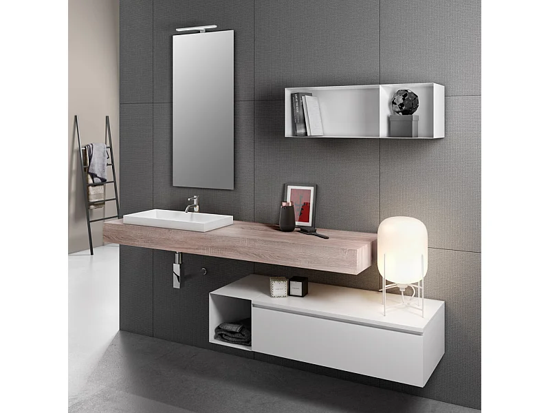 Ensemble meuble de salle de bain bois clair avec étagère et miroir à LED Kyo L 165cm