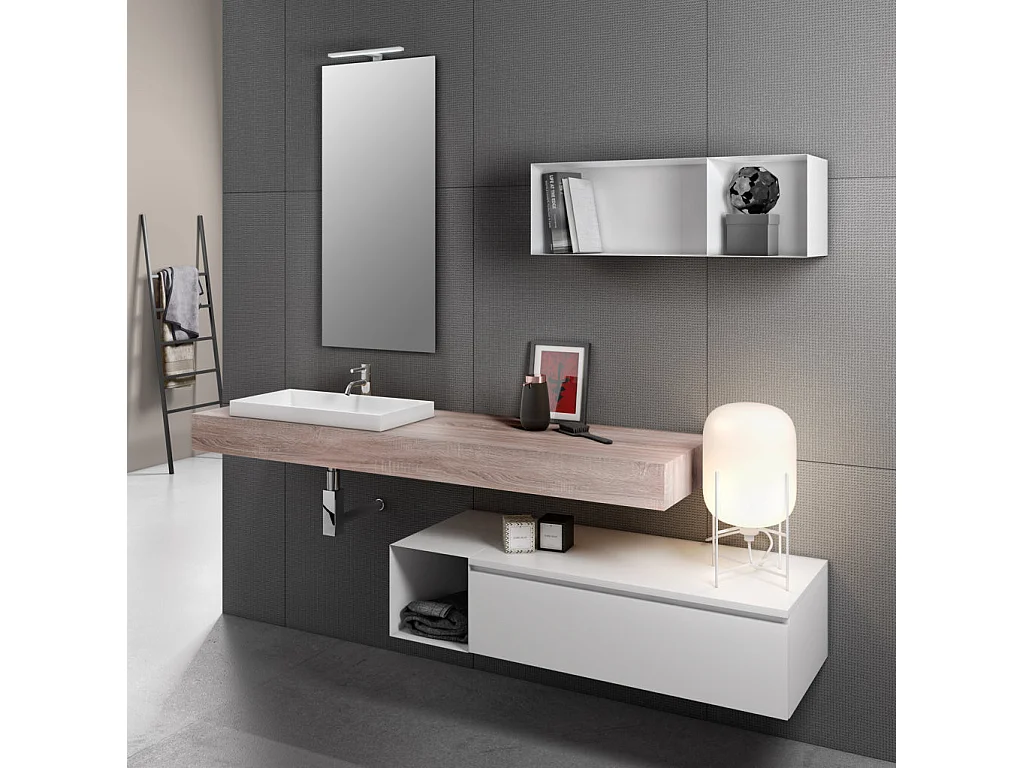 Ensemble meuble de salle de bain bois clair avec étagère et miroir à LED Kyo L 165cm