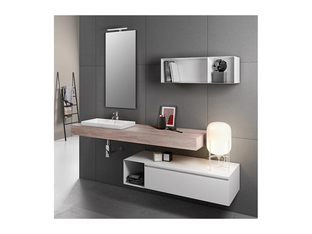 Ensemble meuble de salle de bain bois clair avec étagère et miroir à LED Kyo L 165cm
