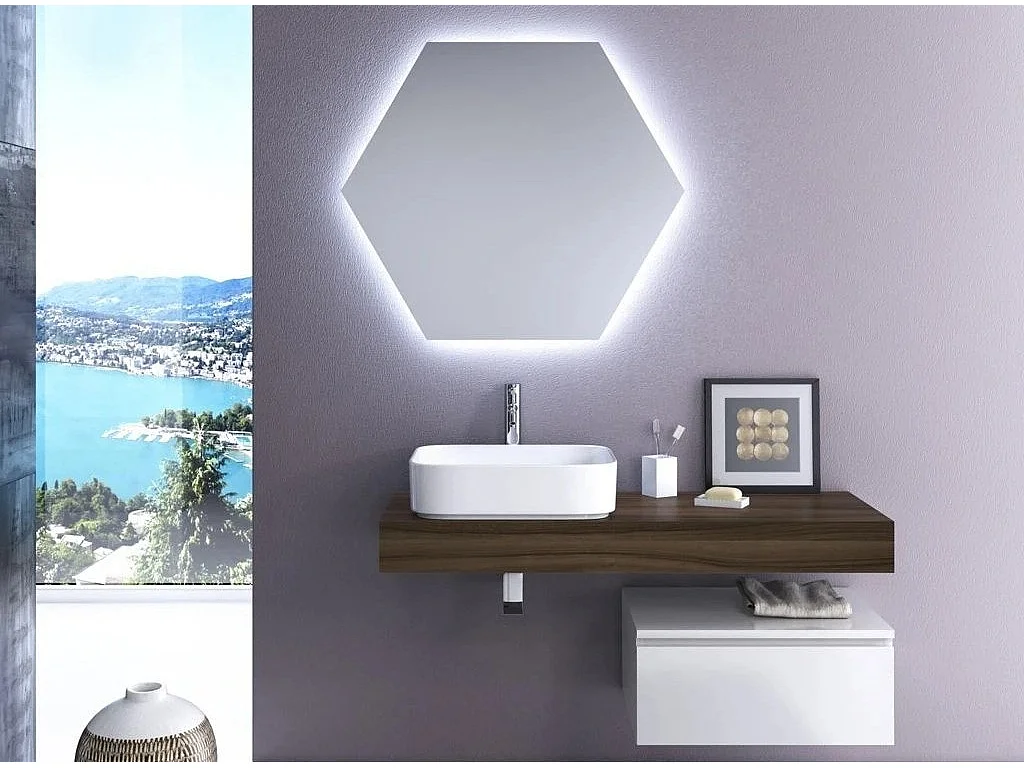 Ensemble meuble de salle de bain 1 tiroir noyer et laqué blanc et miroir à LED Kyo L 120cm