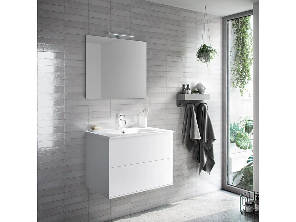 Ensemble meuble de salle de bain 2 tiroirs laqué blanc mat et miroir à LED Oga L 70cm
