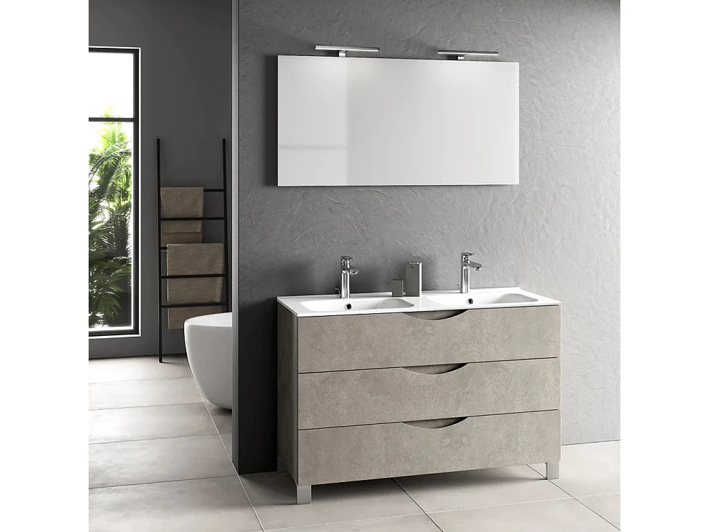 Ensemble meuble de salle de bain 3 tiroirs taupe effet pierre double vasque et miroir à LED Olo L 120cm
