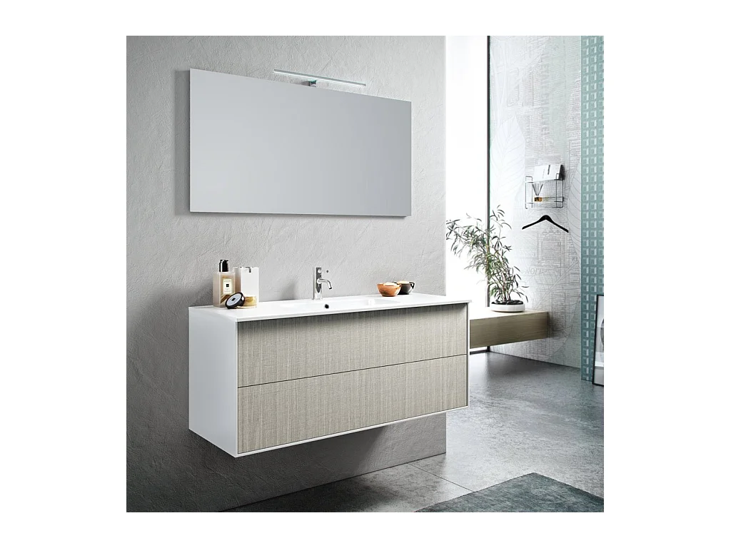 Ensemble meuble de salle de bain 2 tiroirs laqué blanc et beige et miroir à LED Lago L 120cm