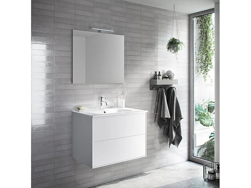 Ensemble meuble de salle de bain 2 tiroirs laqué blanc mat et miroir à LED Oga L 80cm