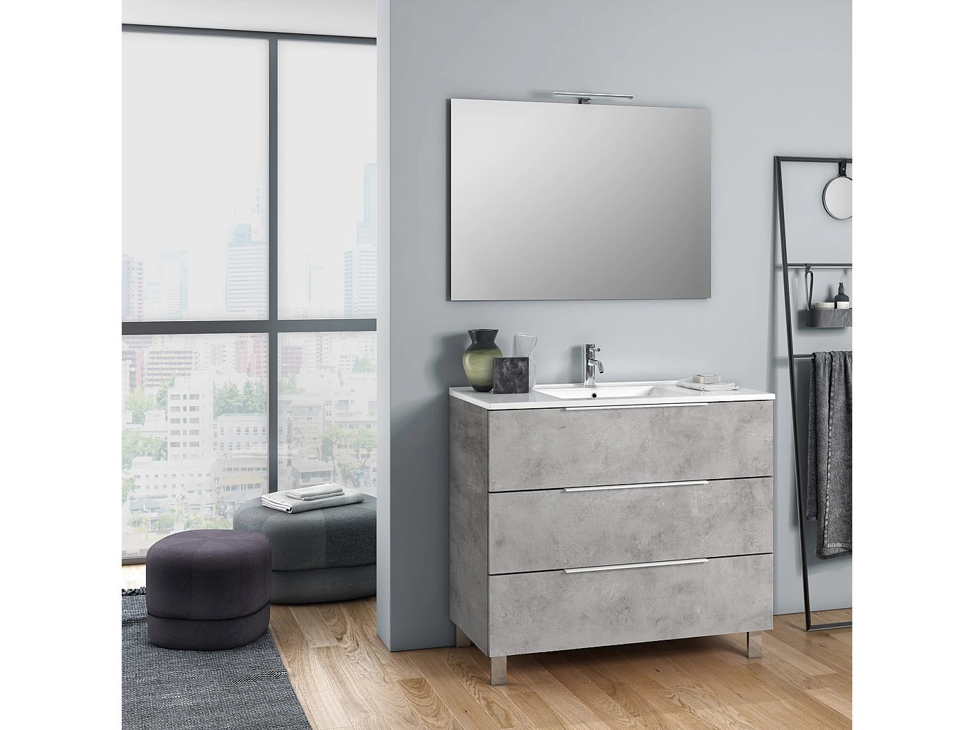 Ensemble meuble de salle de bain 3 tiroirs effet béton et miroir à LED
