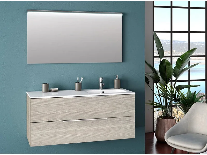 Ensemble meuble de salle de bain 2 tiroirs bois beige et miroir à LED Malo L 120cm