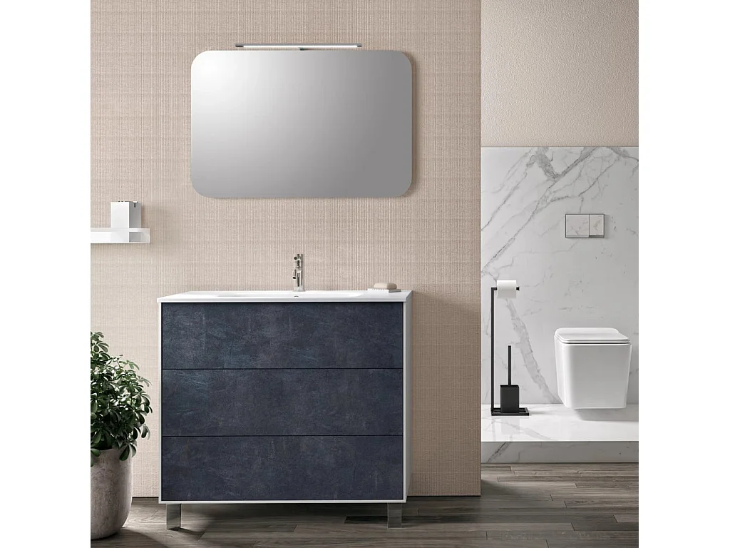 Ensemble meuble de salle de bain 3 tiroirs laqué blanc et bleu gris et miroir lumineux Lago L 90cm