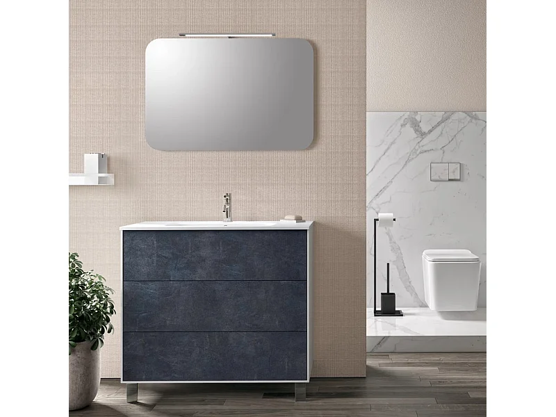 Ensemble meuble de salle de bain 3 tiroirs laqué blanc et bleu gris et miroir lumineux Lago L 90cm