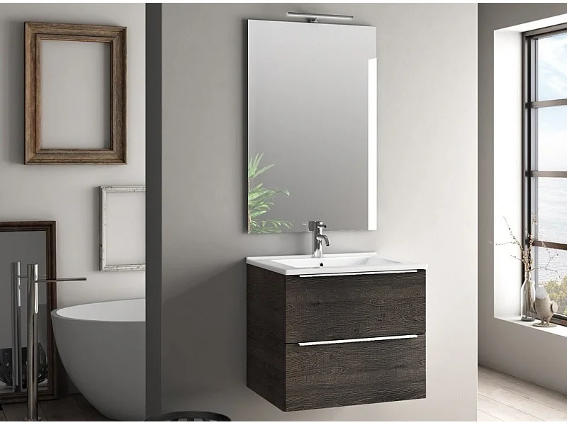 Ensemble meuble de salle de bain 2 tiroirs bois marron et miroir lumineux Malo L 60cm