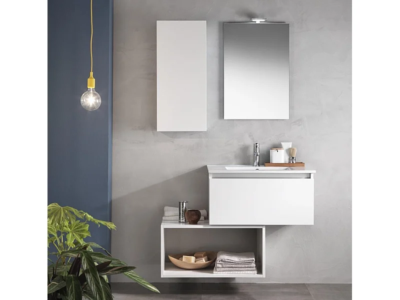 Ensemble meuble de salle de bain 1 étagère 1 armoire laqué blanc et miroir lumineux Teph L 70cm