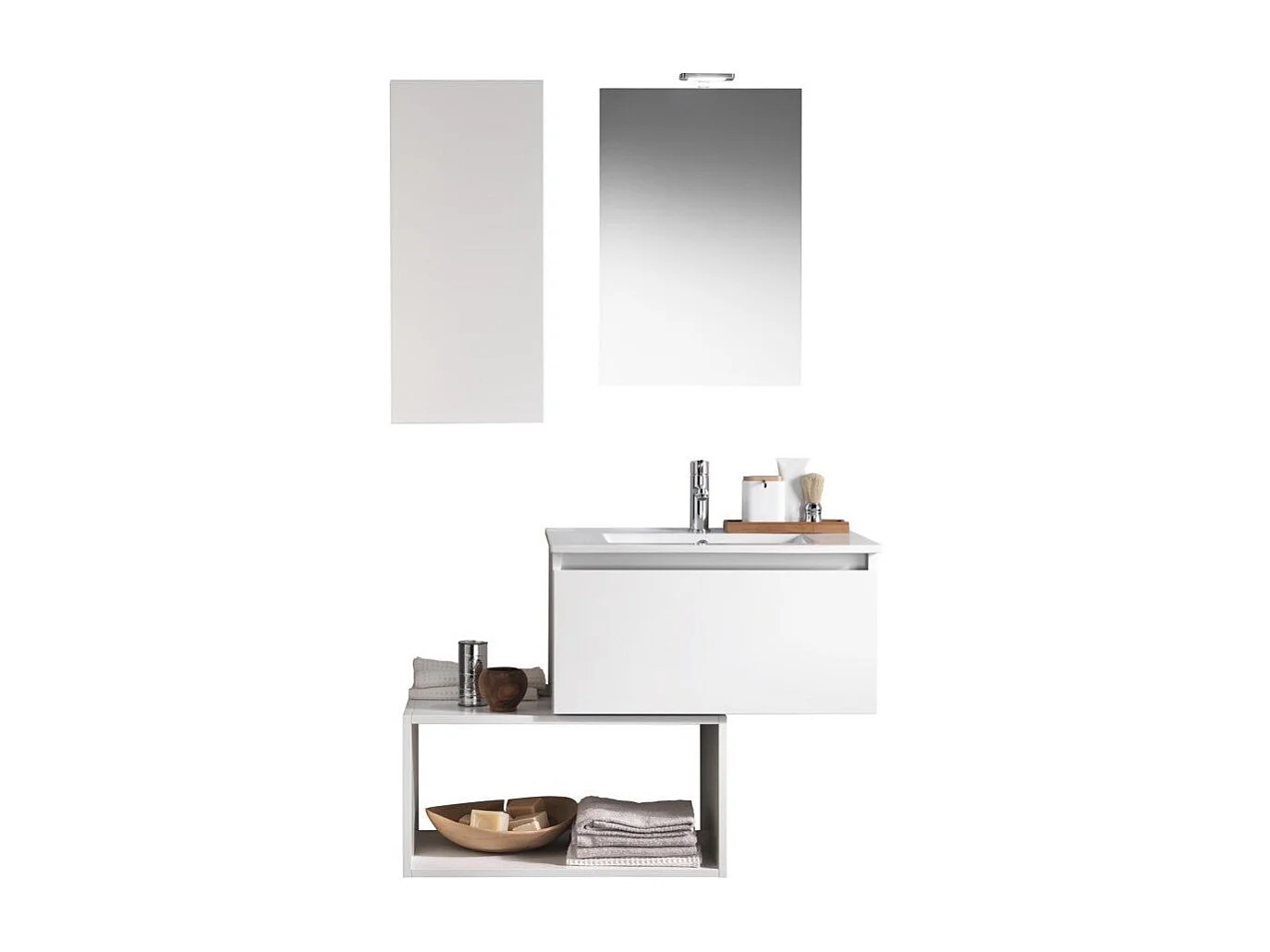 Ensemble meuble de salle de bain 1 étagère 1 armoire laqué blanc et miroir lumineux Teph L 70cm