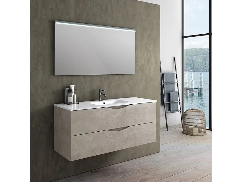 Ensemble meuble de salle de bain 2 tiroirs taupe effet pierre et miroir à LED Olo L 120cm