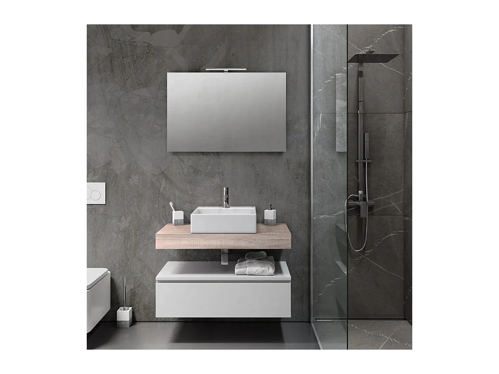 Ensemble meuble de salle de bain 1 tiroir blanc et bois clair et miroir lumineux Kyo L 90cm 2