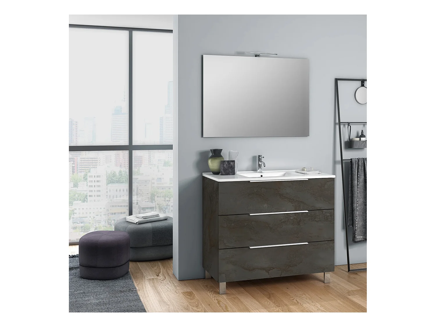 Ensemble meuble de salle de bain 3 tiroirs gris oxyde et miroir à LED Mola L 80cm