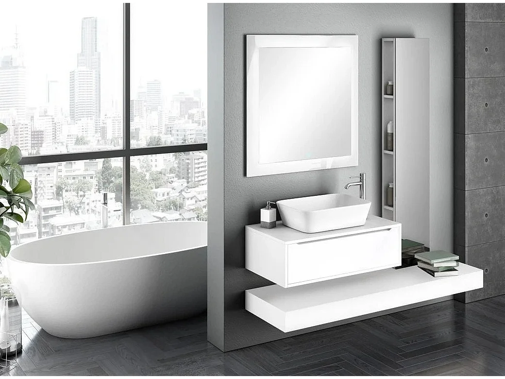 Ensemble meuble de salle de bain laqué blanc avec colonne et miroir lumineux Selb L 90cm