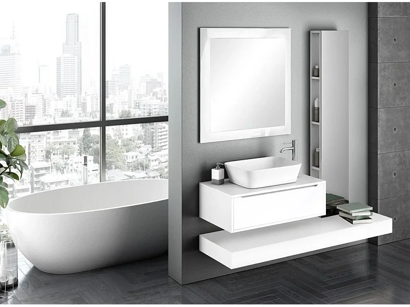 Ensemble meuble de salle de bain laqué blanc avec colonne et miroir lumineux Selb L 90cm