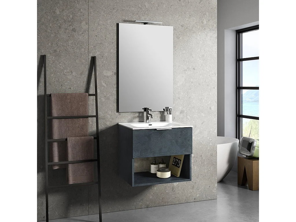 Ensemble meuble de salle de bain 1 tiroir bleu effet pierre et miroir lumineux Noe L 60cm
