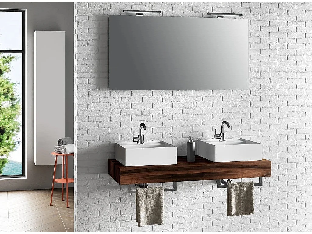 Ensemble meuble de salle de bain noyer double vasque et miroir à LED Kyo L 120cm