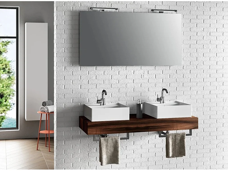 Ensemble meuble de salle de bain noyer double vasque et miroir à LED Kyo L 120cm