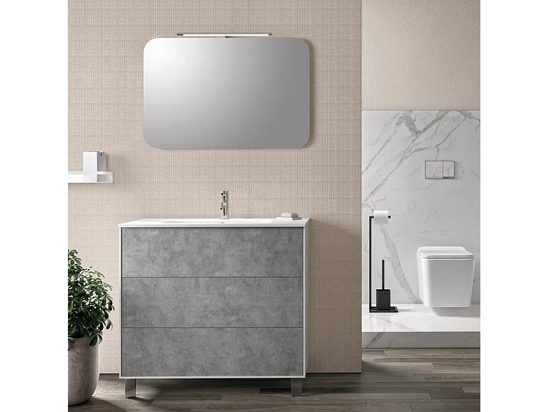 Ensemble meuble de salle de bain 3 tiroirs laqué blanc et effet béton et miroir lumineux Lago L 90cm
