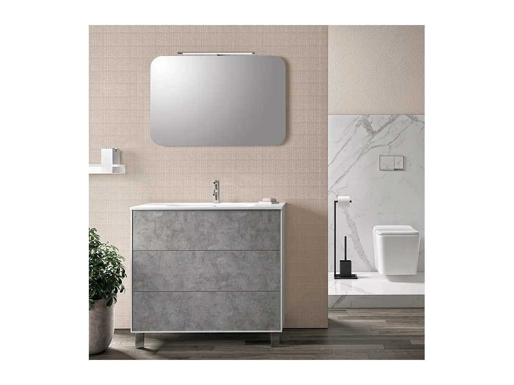 Ensemble meuble de salle de bain 3 tiroirs laqué blanc et effet béton et miroir lumineux Lago L 90cm