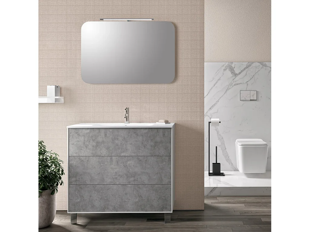 Ensemble meuble de salle de bain 3 tiroirs laqué blanc et effet béton et miroir lumineux Lago L 90cm