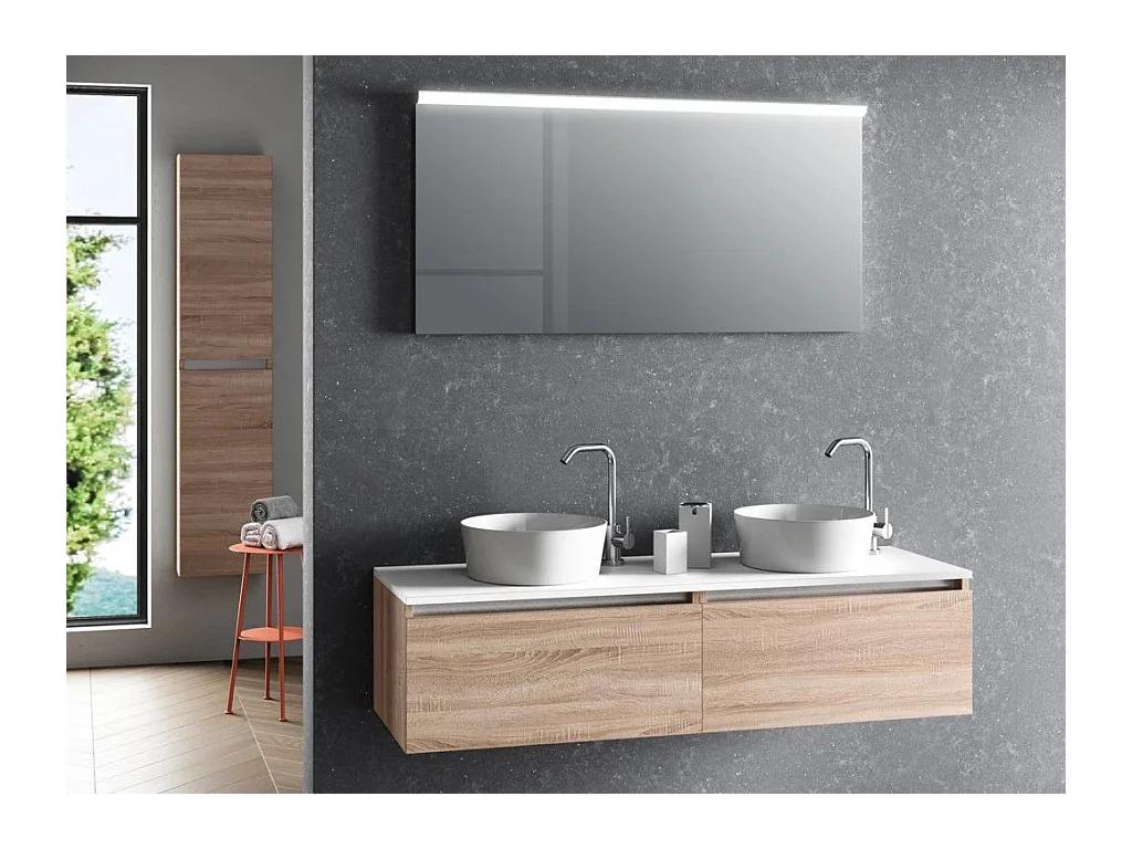 Ensemble meuble de salle de bain bois clair 2 tiroirs double vasque et miroir lumineux Teph L 140cm