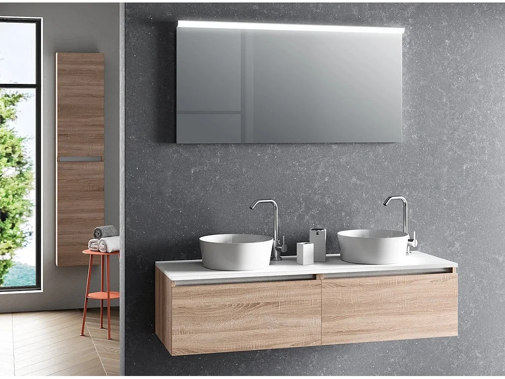 Ensemble meuble de salle de bain bois clair 2 tiroirs double vasque et miroir lumineux Teph L 140cm