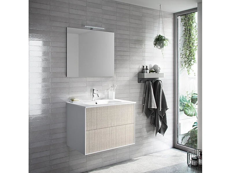 Ensemble meuble de salle de bain 2 tiroirs laqué blanc et beige et miroir lumineux Lago L 60cm