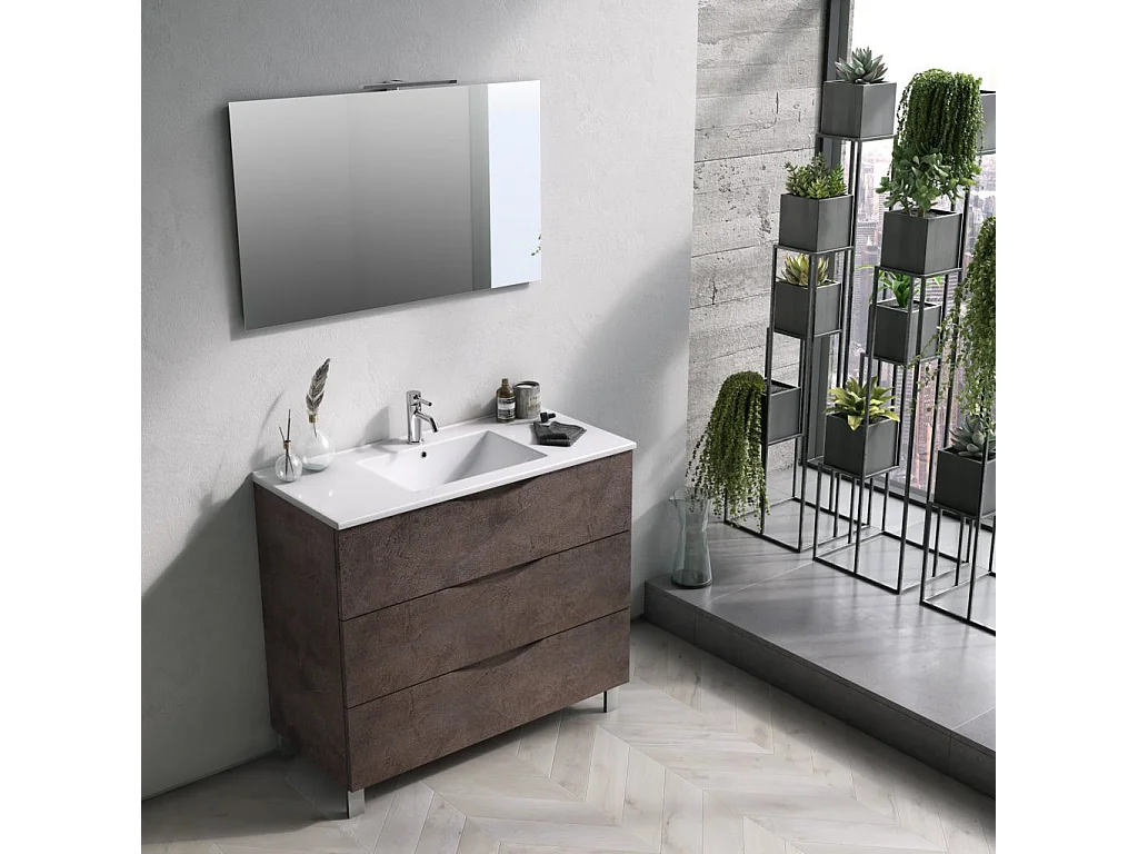 Ensemble meuble de salle de bain 3 tiroirs marron effet pierre et miroir à LED Olo L 100cm