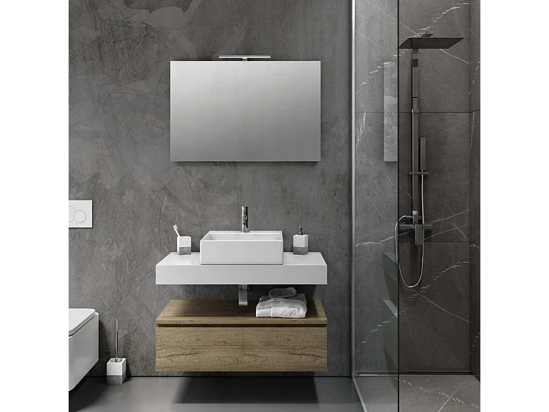 Ensemble meuble de salle de bain 1 tiroir blanc et chêne clair et miroir lumineux Kyo L 90cm