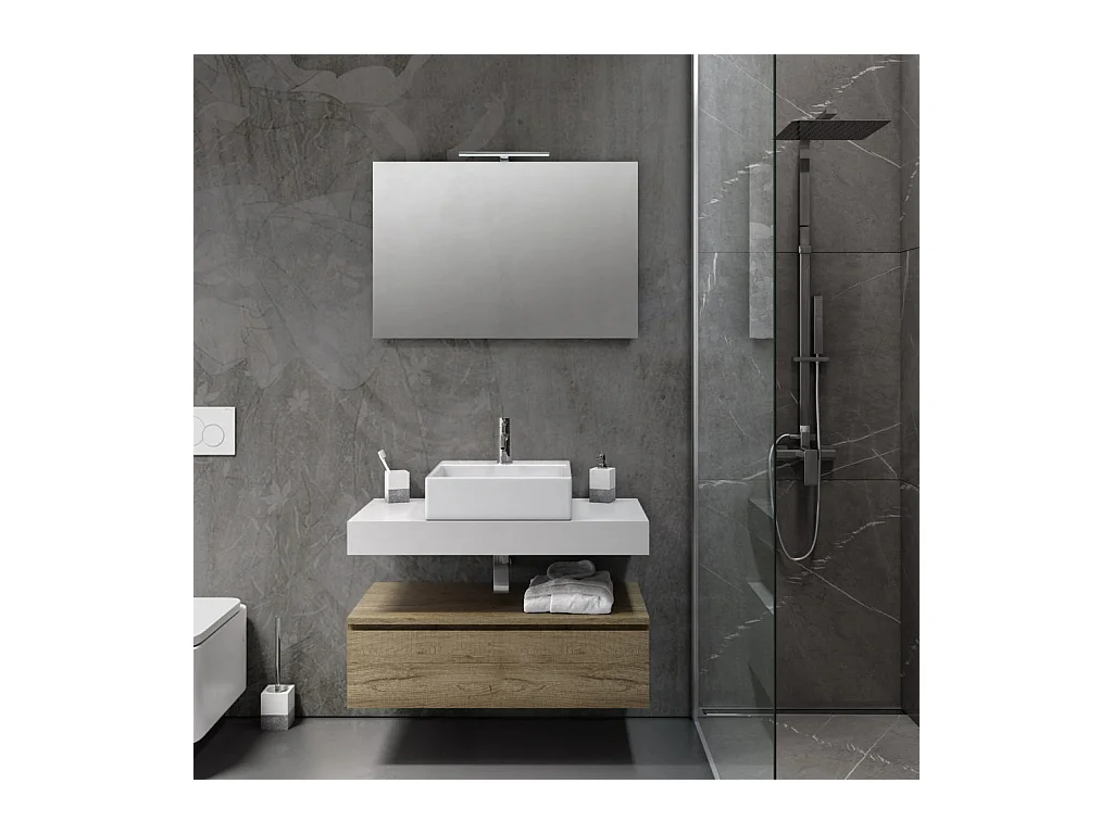 Ensemble meuble de salle de bain 1 tiroir blanc et chêne clair et miroir lumineux Kyo L 90cm