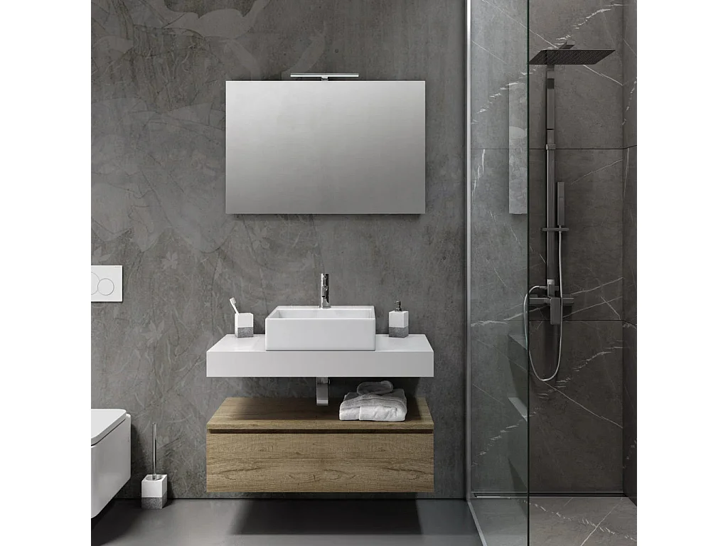 Ensemble meuble de salle de bain 1 tiroir blanc et chêne clair et miroir lumineux Kyo L 90cm