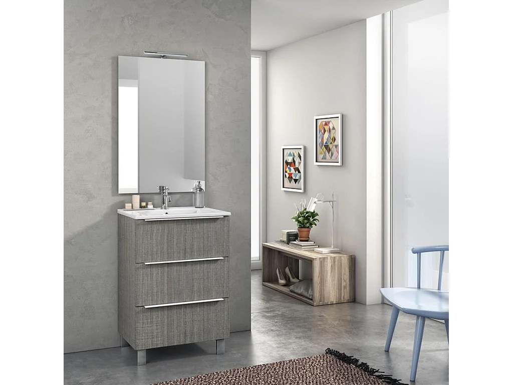 Ensemble meuble de salle de bain 3 tiroirs bois gris et miroir lumineux Malo L 60cm