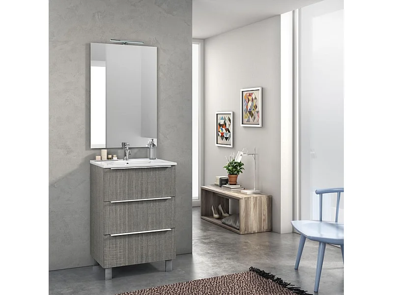 Ensemble meuble de salle de bain 3 tiroirs bois gris et miroir lumineux Malo L 60cm