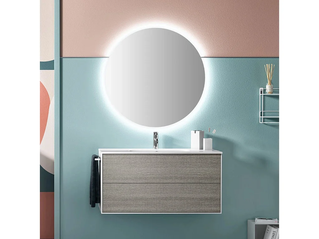 Ensemble meuble de salle de bain 2 tiroirs laqué blanc et gris et miroir lumineux Lago L 100cm 2