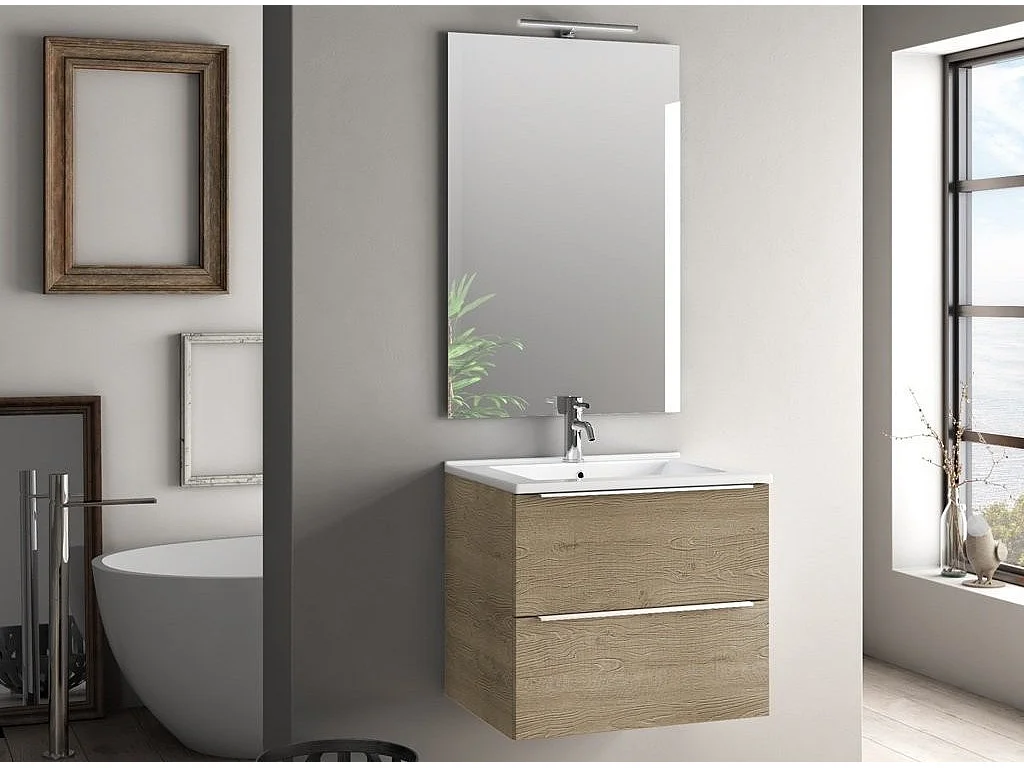 Ensemble meuble de salle de bain 2 tiroirs bois chêne clair et miroir lumineux Malo L 60cm