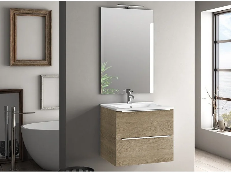 Ensemble meuble de salle de bain 2 tiroirs bois chêne clair et miroir lumineux Malo L 60cm