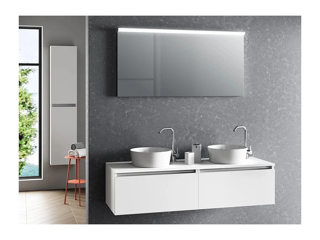 Ensemble meuble de salle de bain blanc 2 tiroirs double vasque et miroir lumineux Teph L 140cm