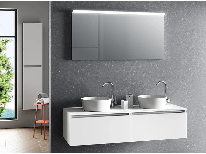 Ensemble meuble de salle de bain blanc 2 tiroirs double vasque et miroir lumineux Teph L 140cm