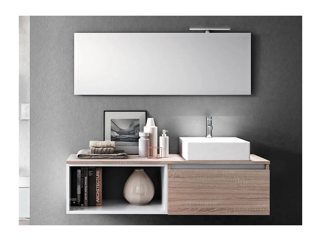 Ensemble meuble de salle de bain 1 tiroir bois clair avec étagère et miroir à LED Teph L 140cm