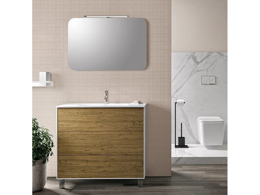 Ensemble meuble de salle de bain 3 tiroirs laqué blanc et chêne et miroir lumineux Lago L 90cm
