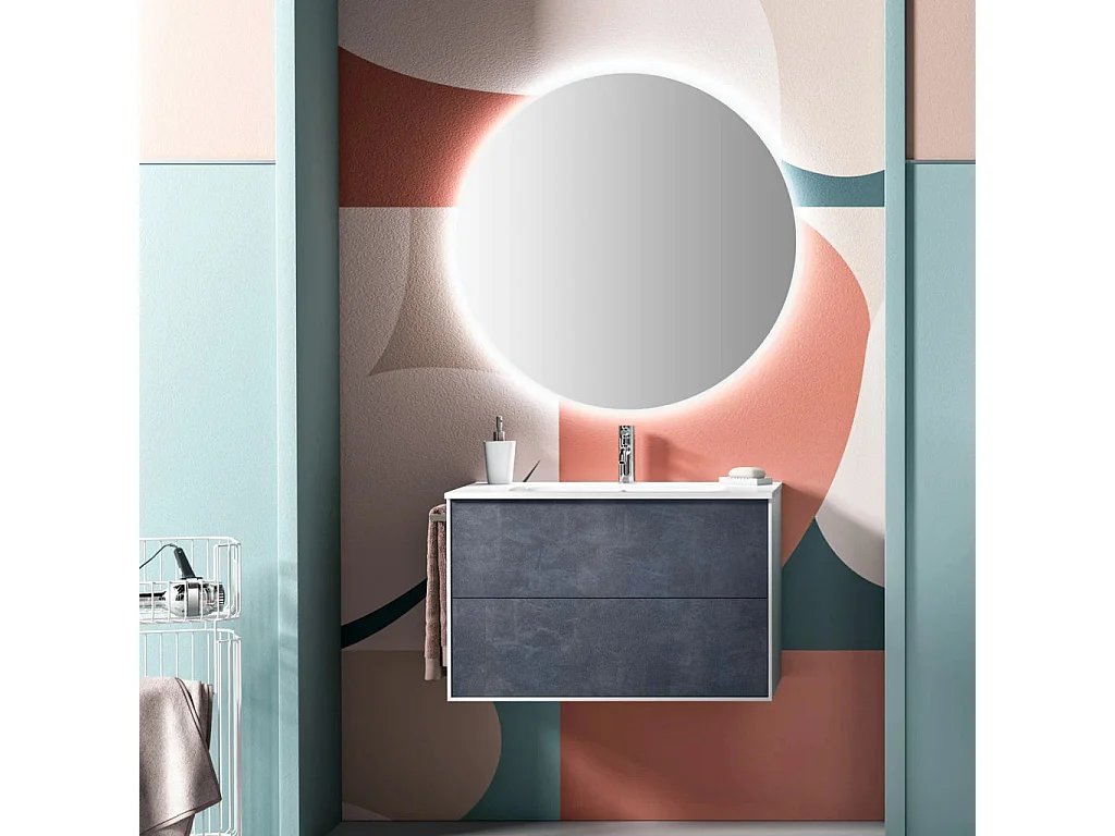 Ensemble meuble de salle de bain 2 tiroirs laqué blanc et bleu effet pierre et miroir à LED Lago L 80cm
