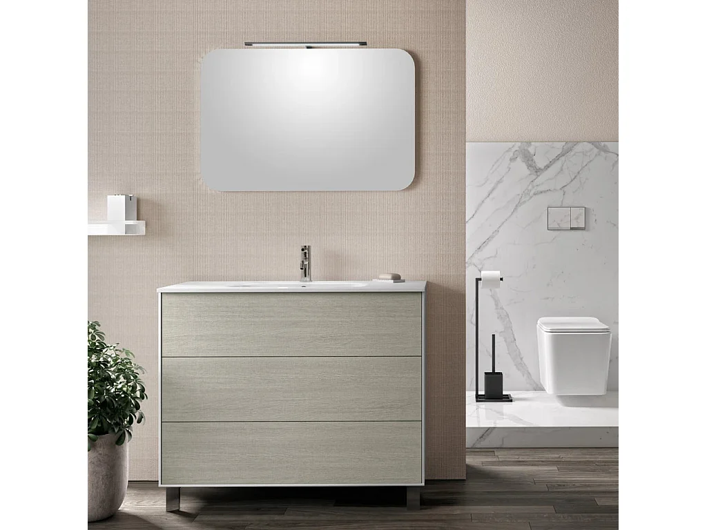 Ensemble meuble de salle de bain 3 tiroirs laqué blanc et beige et miroir à LED Oga L 100cm