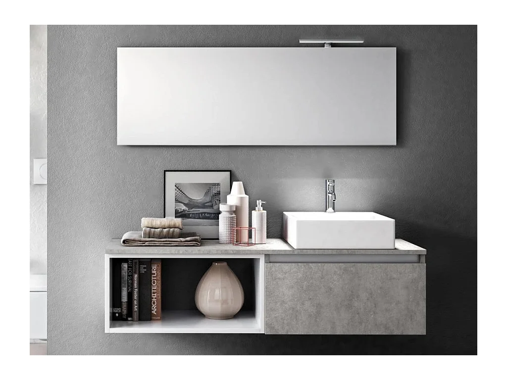 Ensemble meuble de salle de bain 1 tiroir effet béton avec étagère et miroir à LED Teph L 140cm