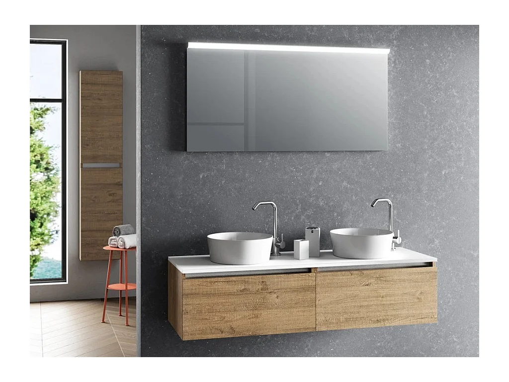 Ensemble meuble de salle de bain chêne clair 2 tiroirs double vasque et miroir lumineux Teph L 140cm