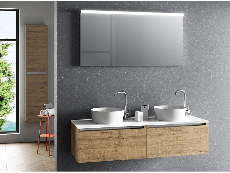 Ensemble meuble de salle de bain chêne clair 2 tiroirs double vasque et miroir lumineux Teph L 140cm