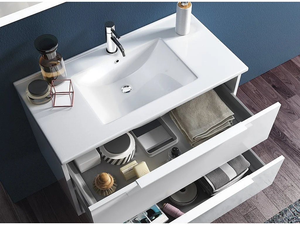 Ensemble meuble de salle de bain 3 tiroirs bois blanc et miroir lumineux Malo L 60cm