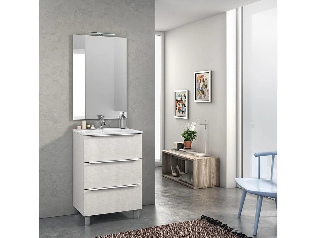 Ensemble meuble de salle de bain 3 tiroirs bois blanc et miroir lumineux Malo L 60cm